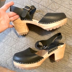 Mia Abba Swedish Black Leather Wooden Clog 10 41